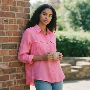 Chaus Sport Women Small Pink Linen Convertible Sleeve Button Up Pockets Shirt S